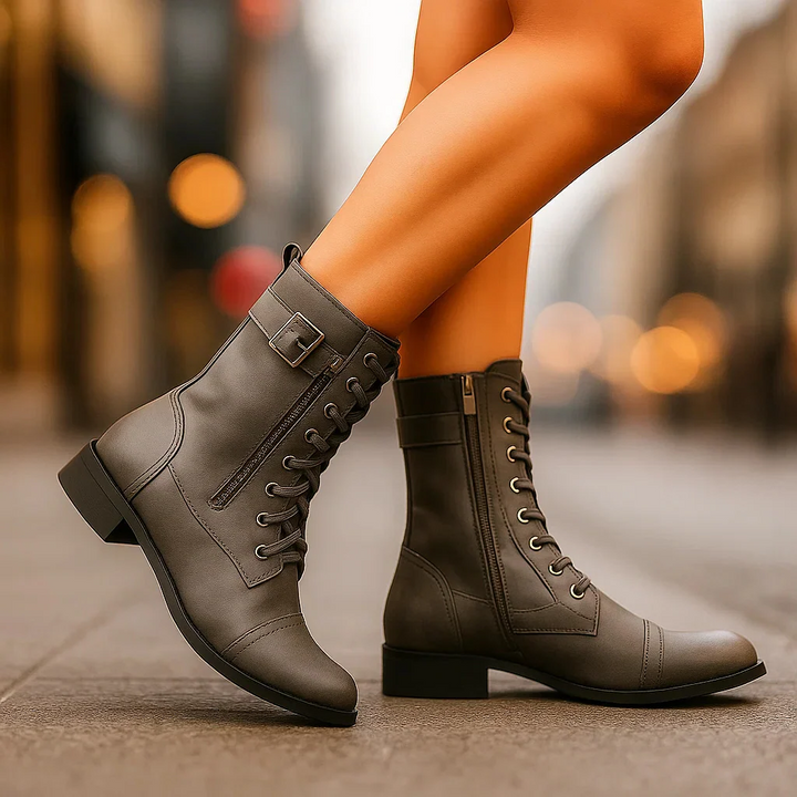 Thea - Leather Buckle Lace-Up Boots