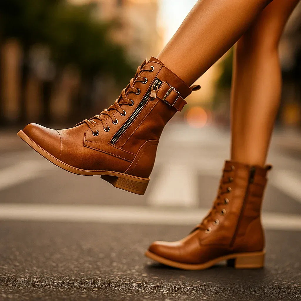 Thea - Leather Buckle Lace-Up Boots