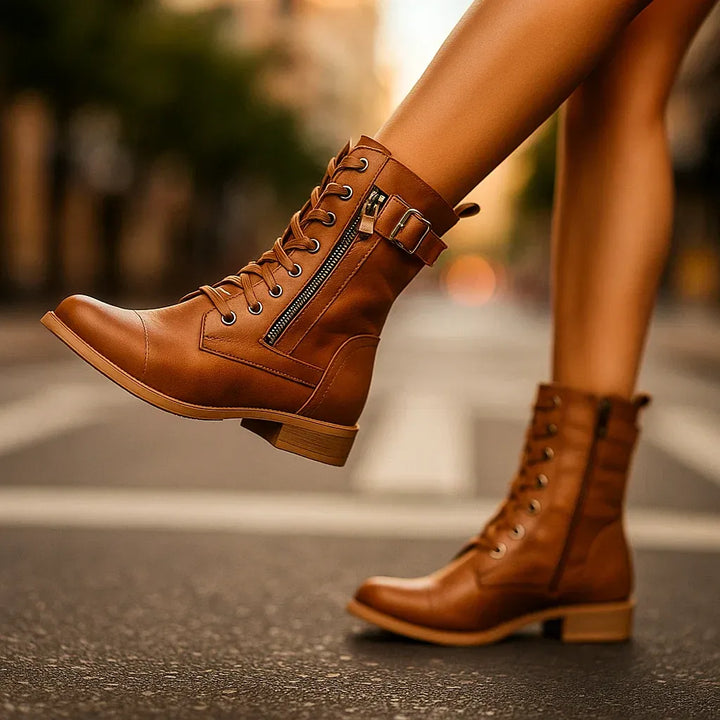 Thea - Leather Buckle Lace-Up Boots