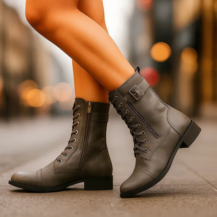 Thea - Leather Buckle Lace-Up Boots