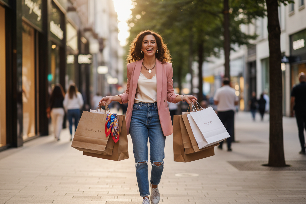 una donna felice dopo aver fatto shopping 